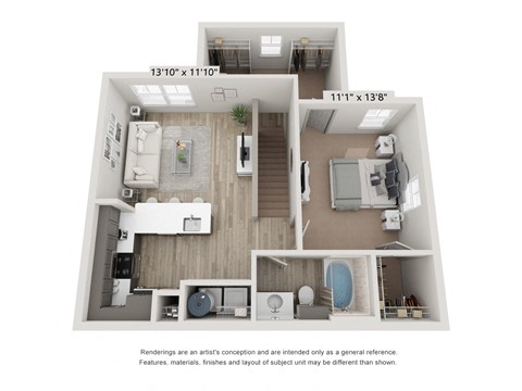 Floor plan for 1 bed, 1 bath, 775 sqft